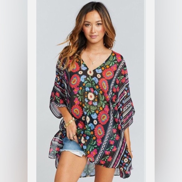 Show Me Your MuMu Black Floral Chiffon Poncho XS - Picture 1 of 4
